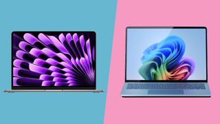 the Surface Laptop 7 and MacBook Air (M3) against a split background