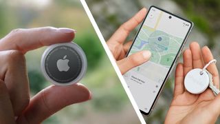 A hand holding an Apple AirTag tracker next to a hand holding an Android phone with a Chipolo tracker for Google's Find My Device network